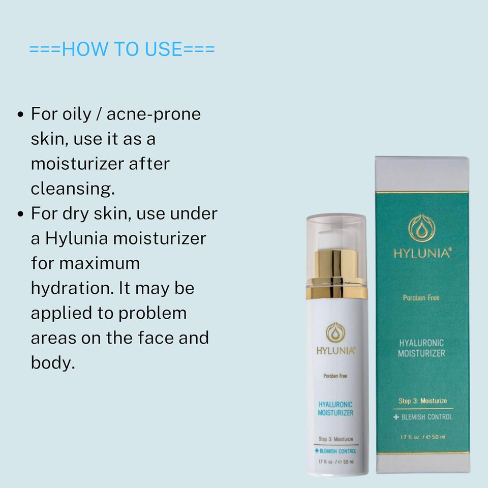 Hylunia Hyaluronic Oil Free Moisturizer - 1.7 Fl Oz - Anti-Aging - Hyaluronic Acid Serum - Natural Vegan Skin Repair