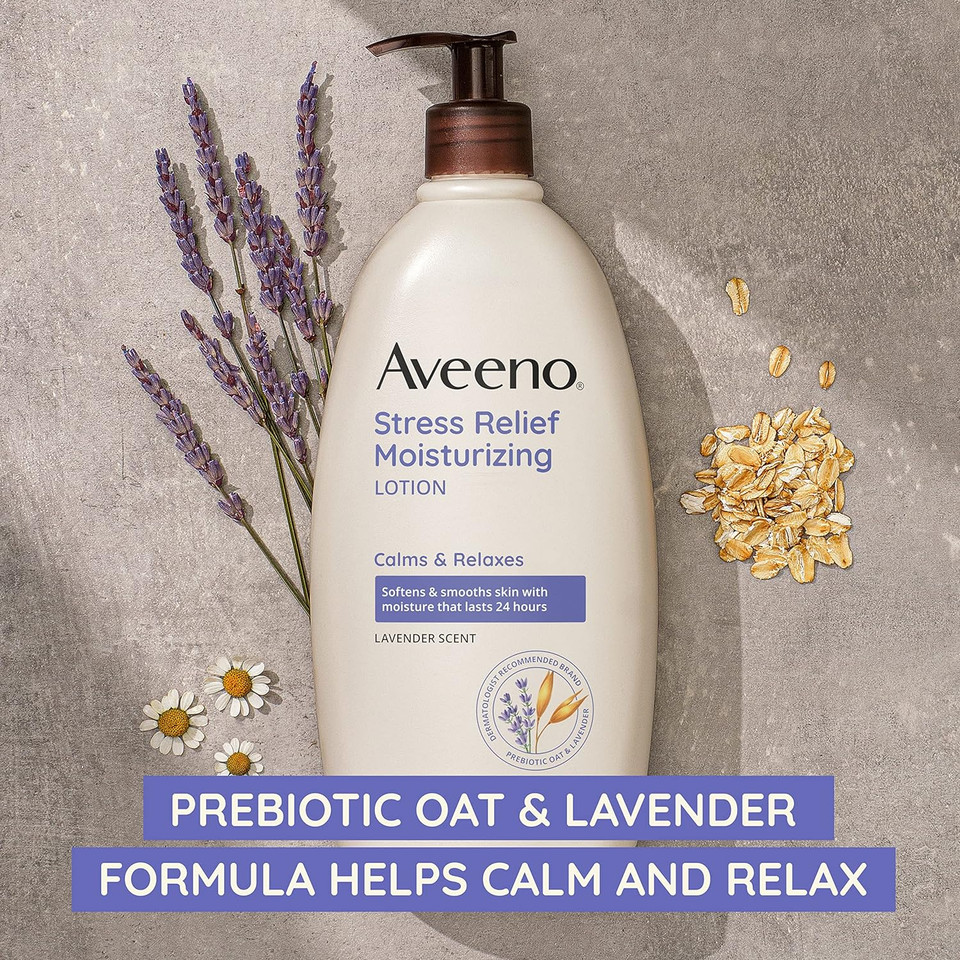 Aveeno Stress Relief Moisturizing Body Lotion With Lavender, Natural Oatmeal And Chamomile & Ylang-Ylang Essential Oils To Calm & Relax, 12 Fl. Oz