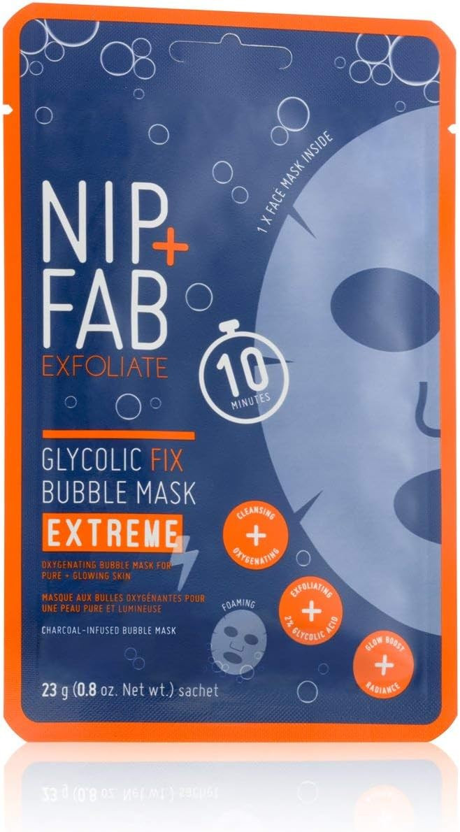 Nip + Fab Glycolic Acid Fix Extreme Bubble Sheet Mask for Face with 2% Glycolic Acid, Hyaluronic Acid and Charcoal, Exfoliating Resurfacing AHA Cleansing Facial Mask, 23 Gram