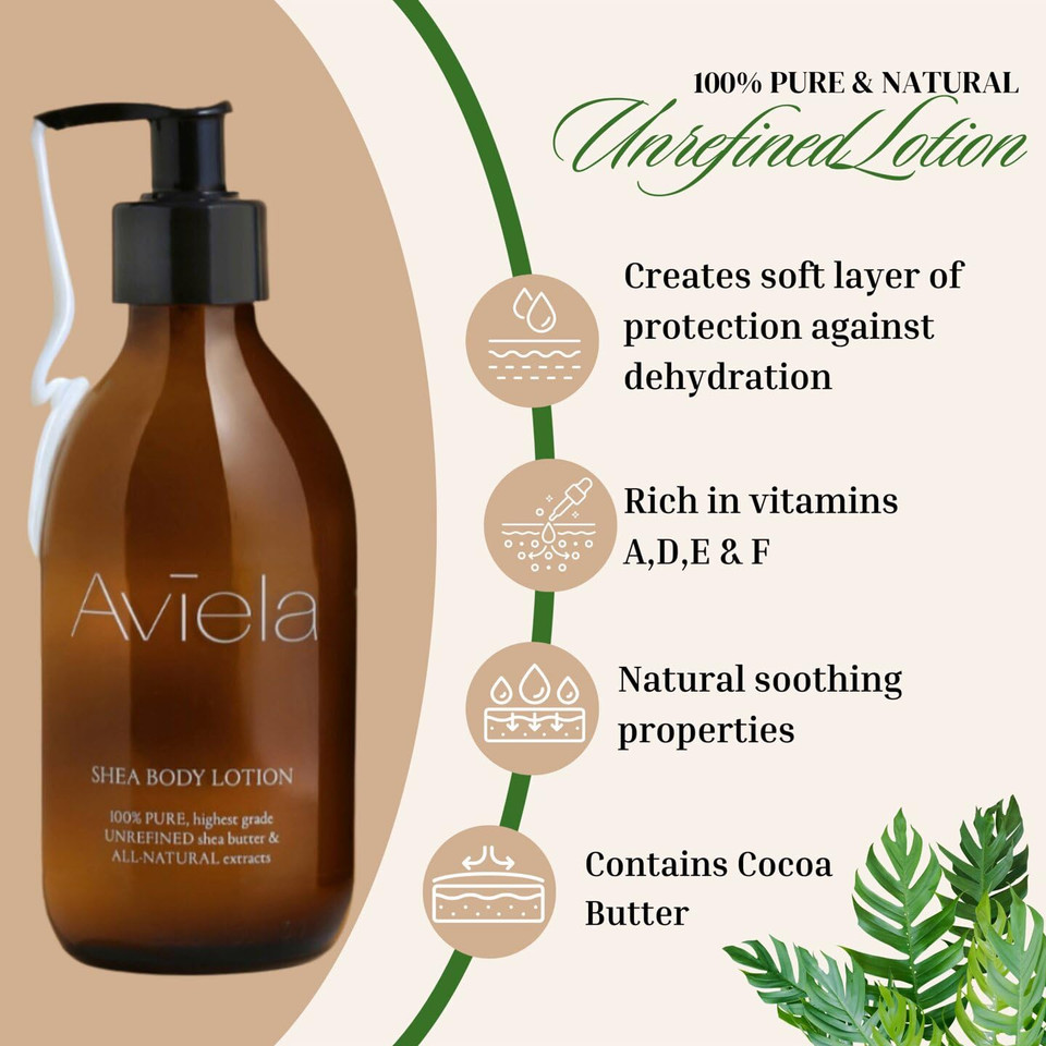 Aviela Shea Body Lotion, Contains Cocoa Butter, Extremely Hydrating & Moisturising, Vegan & Cruelty Free, 100% Natural, 250Ml