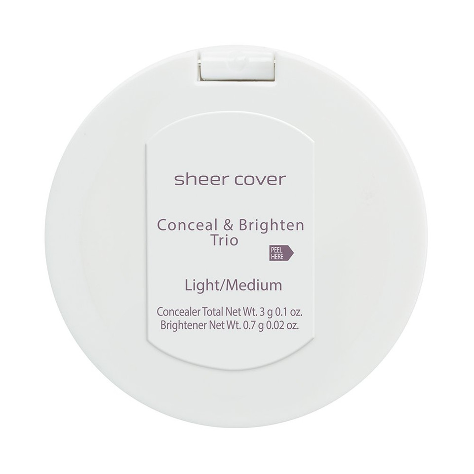 Sheer Cover Studio  Conceal And Brighten Highlight Trio  Two-Toned Concealers  Shimmering Highlighter  Light/Medium Shade  With Free Concealer Brush  3 Grams Sheer Cover Studio  Conceal And Brighten Highlight Trio  Two-Toned Concealers  Shimmering Highlighter  Light/Medium Shade  With Free Concealer Brush  3 Grams