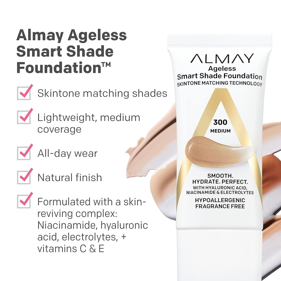Almay Anti-Aging Foundation, Smart Shade Face Makeup With Hyaluronic Acid, Niacinamide, Vitamin C & E, Hypoallergenic-Fragrance Free, 700 Spice, 1 Fl Oz (Pack Of 1)
