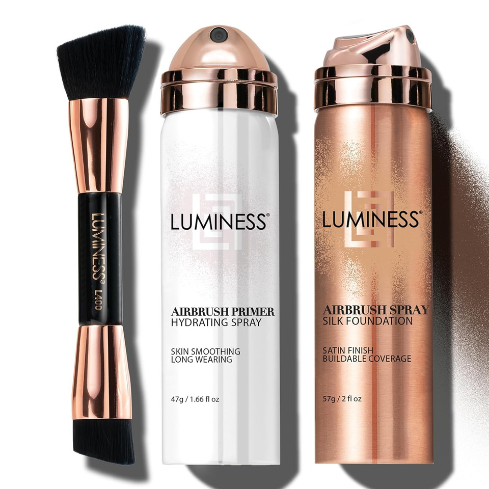 Luminess Silk Airbrush Spray Foundation Makeup Starter Kit - Full Coverage Foundation, Primer & Dual-Sided Buffing Brush - Buildable Coverage, Anti-Aging Formula Hydrates (Shade - Rich Dark)Rich Dark - 180