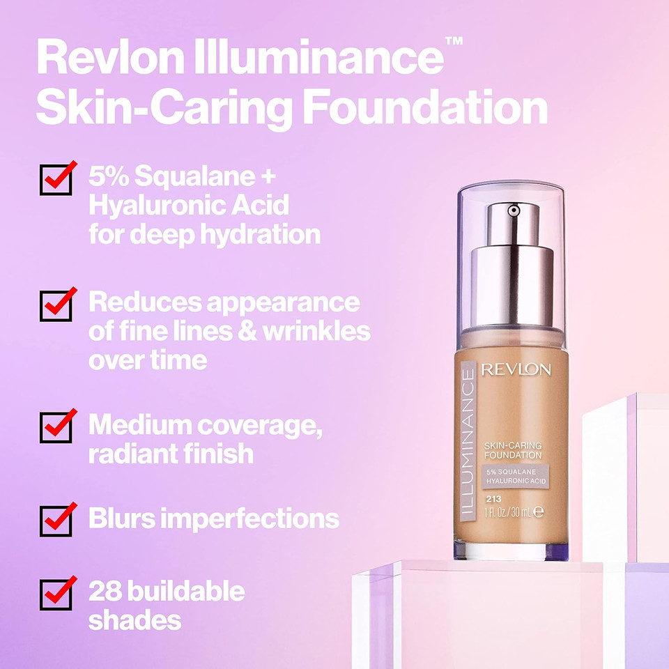 Revlon Illuminance Skin-Caring Liquid Foundation, Hyaluronic Acid, Hydrating And Nourishing Formula With Medium Coverage, 213 Light Natural (Pack Of 1)Light Natural
