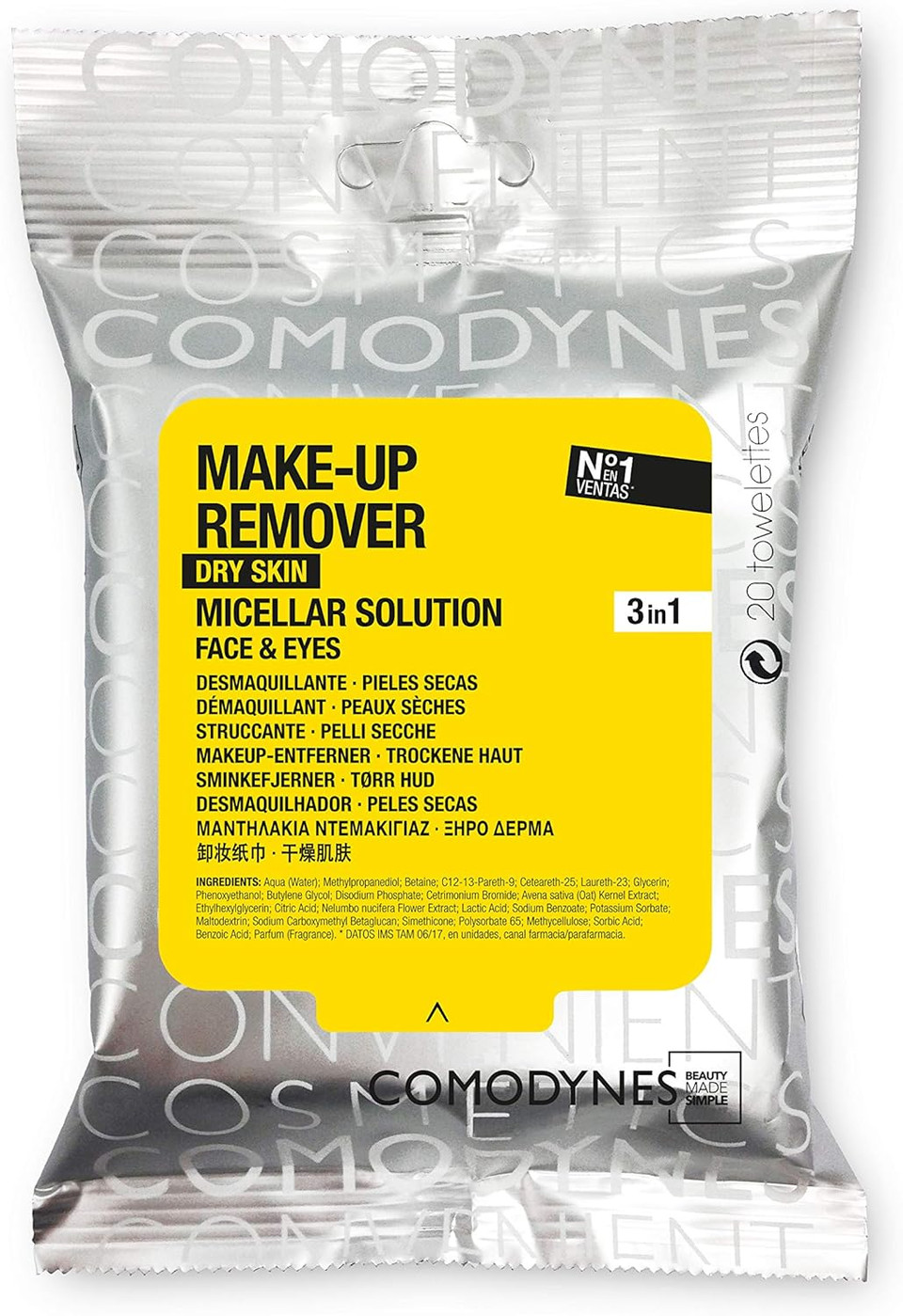 3 Pack Comodynes Makeup Remover Towels Dry Skin 60 Wipes - Skin Care - The Wipes For Dry Skin Incorporate Skin-Friendly Active Ingredients And Natural Extracts With Nourishing Action