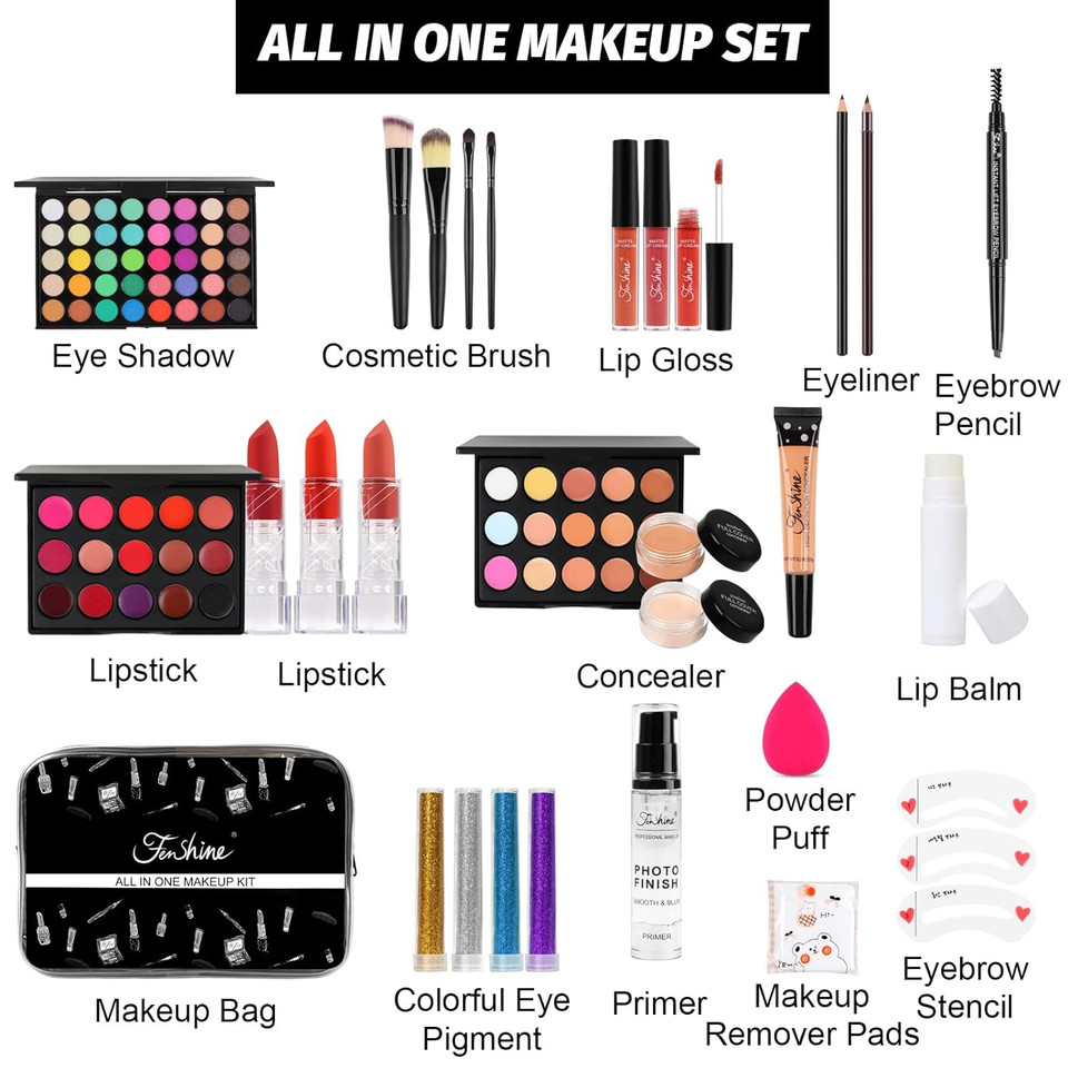 Fenshine All In One Makeup Kit For Women, Full Makeup Gift Set For Beginners, Makeup Essential Starter Bundle Include Eyeshadow Palette Lipstick Eyebrow Pencil Brush Set (Type C)