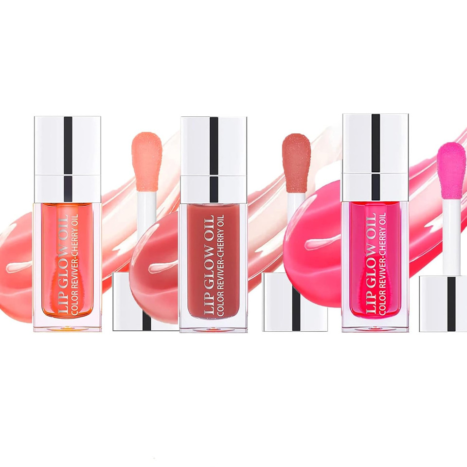 3Pcs Plumping Lip Oil, Hydrating Lip Gloss Tinted Lip Balm Lip Care Transparent Toot Lip Oil, Long Lasting Nourishing Lip Glow Oil Non-Sticky Glitter Shine Primer Lip Tint (Pink+Rosewood +Cherry Red)