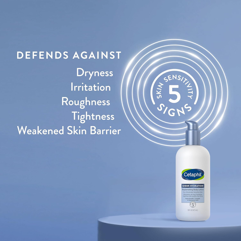 Cetaphil Sheer Hydration Fragrance Free Replenishing Body Lotion For Dry Skin, 16 Fl Oz, 48Hr Sensitive Skin Body Moisturizer, With Hyaluronic Acid, Vitamin E & B5