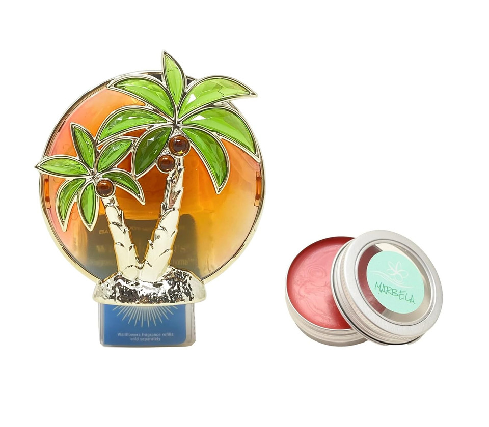 Bath & Body Works Palm Trees Sunset Nightlight Wallflowers Fragrance Plug And A Strawberry Lip Balm