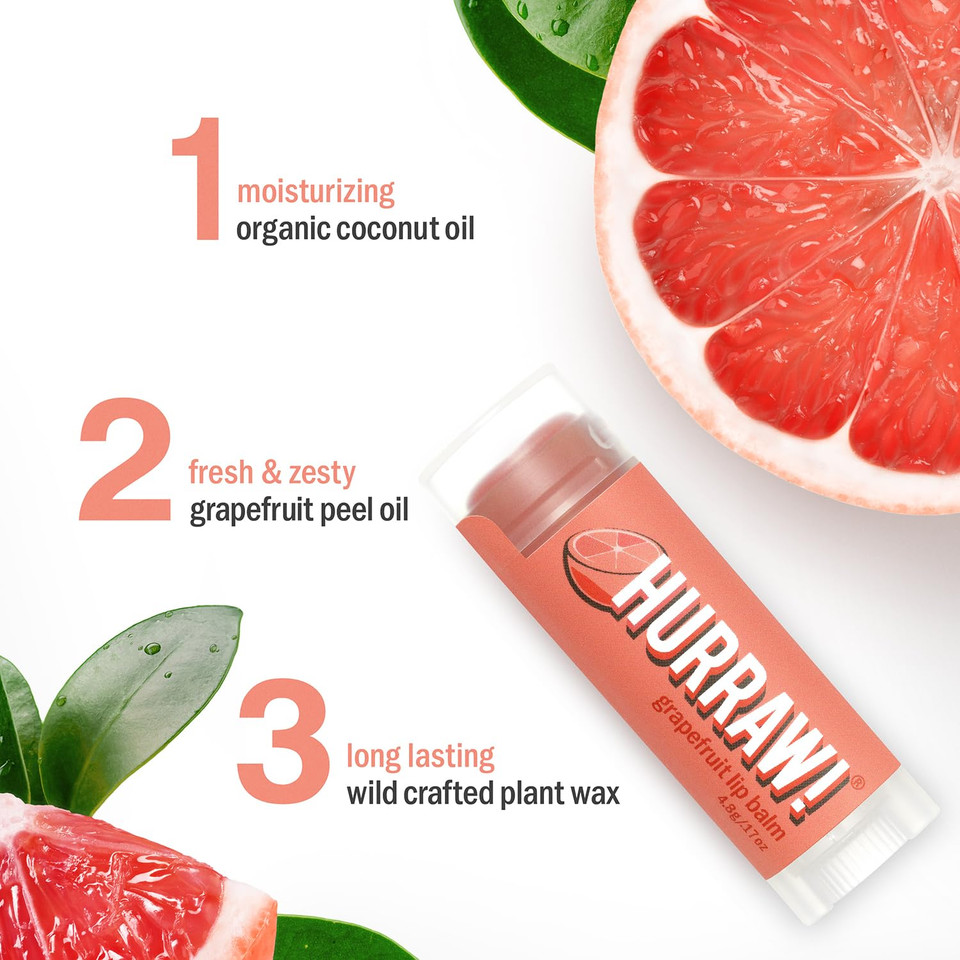 Hurraw! Grapefruit Lip Balm: Organic, Certified Vegan, Cruelty And Gluten Free. Non-Gmo, 100% Natural Ingredients. Bee, Shea, Soy And Palm Free. Made In Usa