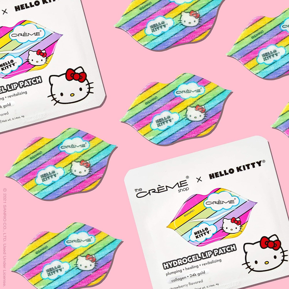 The Crã£Â¨Me Shop X Hello Kitty Hydrogel Lip Patch | Strawberry Flavored, Collagen And 24K Gold, Remove Dead Skin, Moisturize Lips, Pale Lip Treatment, Anti Aging - 3 Pack