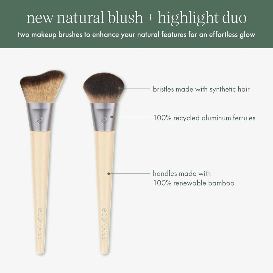 Ecotools New Natural Blush & Highlight Duo, Face Makeup Brushes For Liquid & Cream Foundation, Contour, Blush & Highlight, Dense, Synthetic Bristles For Makeup Blending, Vegan & Cruelty-Free, 2 Count