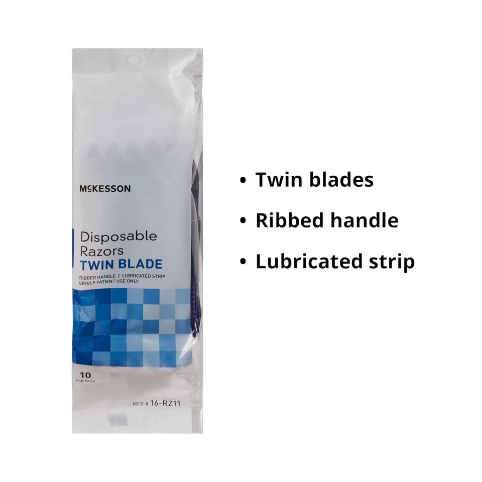 Mckesson Disposable Razors, Stainless Steel Twin Blade, Lubricated Strip, Ribbed Handle, Blue, 10 Count, 1 Pack