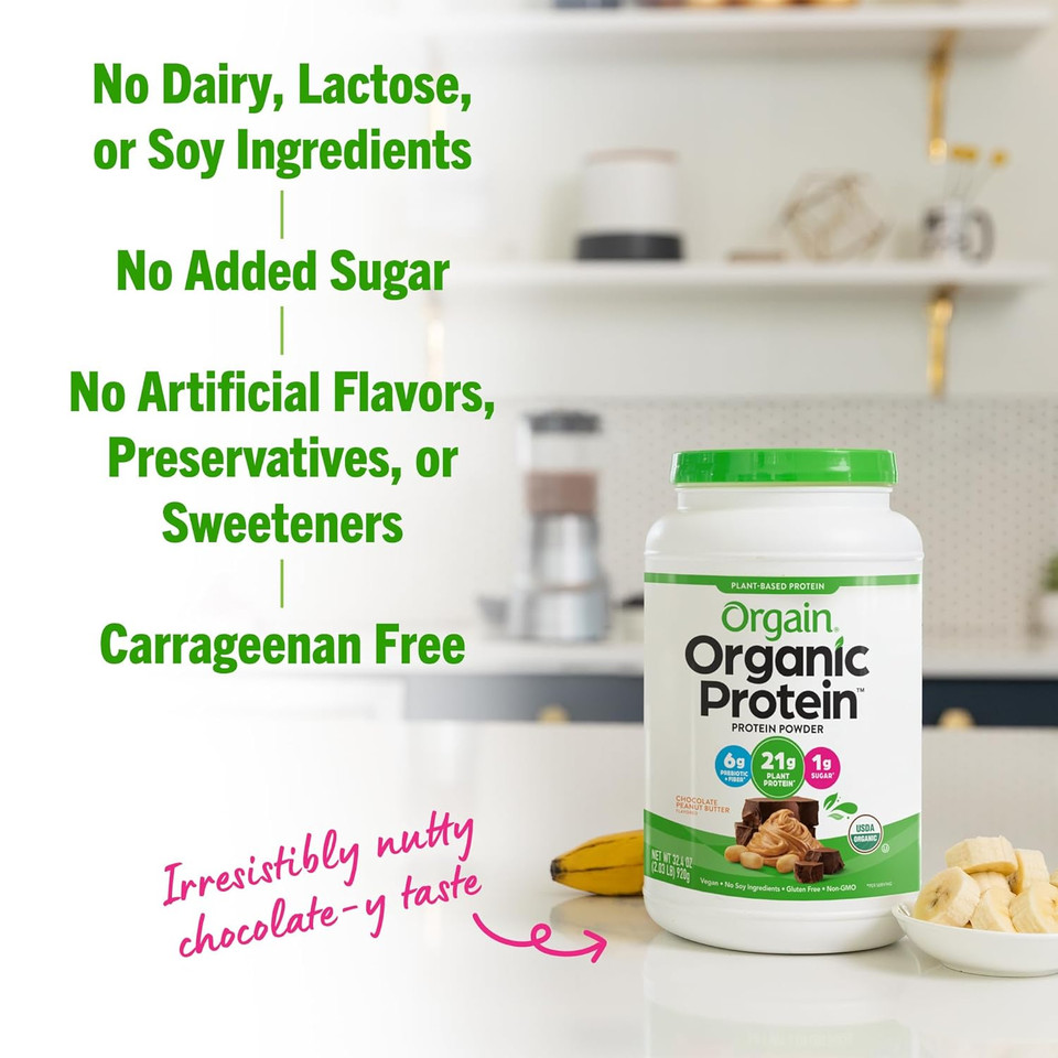 Orgain Organic Vegan Protein Powder, Chocolate Peanut Butter - 21G Of Plant Based Protein, Low Net Carbs, Non Dairy, Gluten Free, Lactose Free, No Sugar Added, Soy Free, Kosher, Non-Gmo, 2.03 Pound