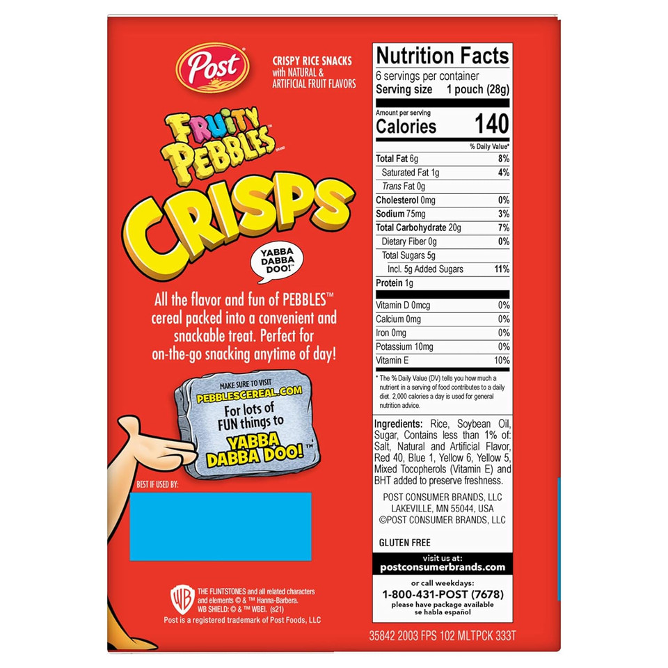 New Post Fruity Pebbles Crisps, Portable Cereal Snack For Kids And Families, Gluten Free, 3 Count (Pack Of 1)