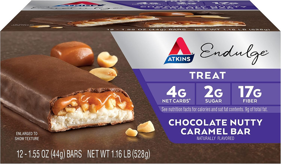 Atkins Endulge Chocolate Nutty Caramel Bar, Dessert Favorite, 2G Sugar, High In Fiber, Keto Friendly, 12 Count