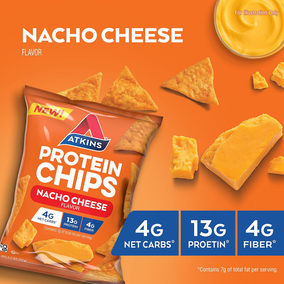 Atkins Nacho Cheese Protein Chips, 4G Net Carbs, 13G Protein, Gluten Free, Low Glycemic, Keto Friendly, 12 Count