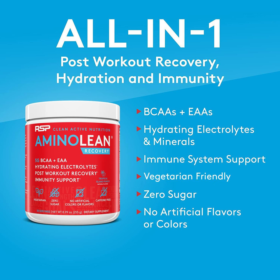 Rsp Aminolean Recovery - Post Workout Bcaas Amino Acids Supplement + Electrolytes, Bcaas And Eaas For Hydration Boost, Immunity Support - Muscle Recovery Drink, Vegan Aminos, Tropical Punch