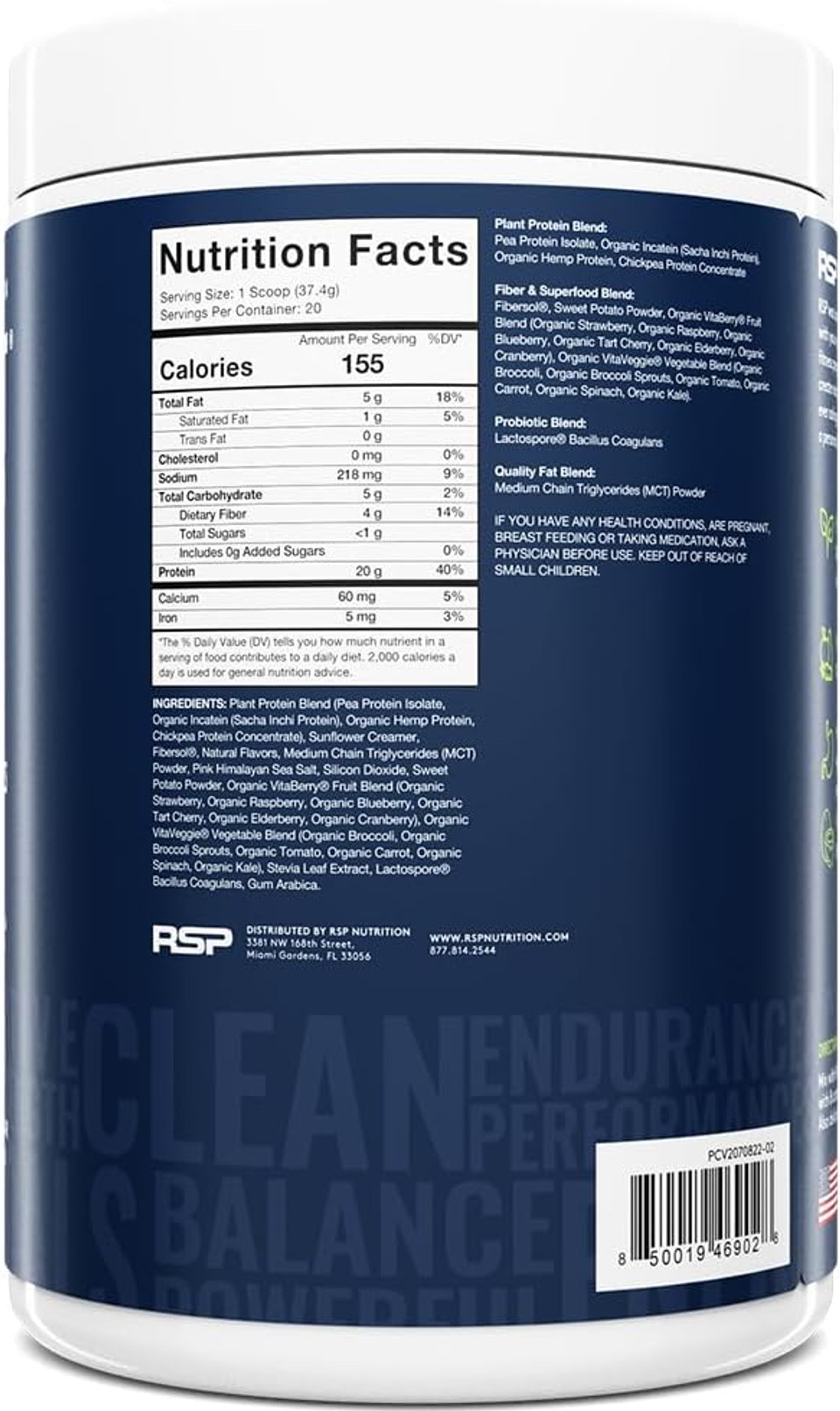 Rsp Nutrition Vanilla Flavored Gluten Free Dairy Free Vegan Protein Powder With Organic Fruits And Veggies, Fiber And Probiotics