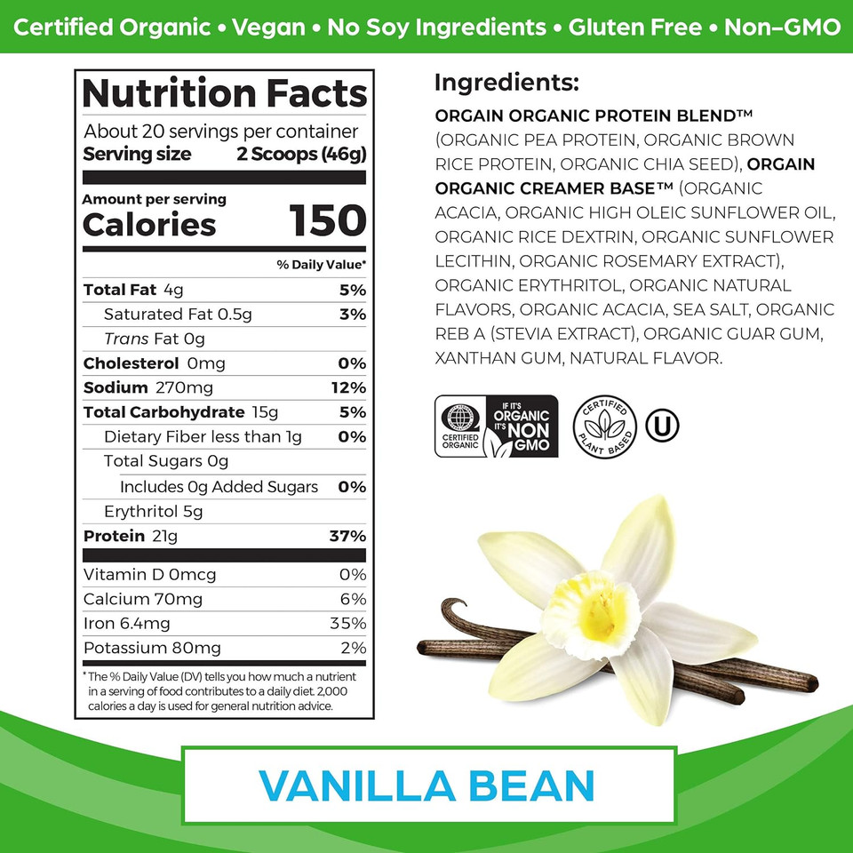 Orgain Organic Vegan Protein Powder, Vanilla Bean - 21G Plant Based Protein, Gluten Free, Dairy Free, Lactose Free, Soy Free, No Sugar Added, Kosher, For Smoothies & Shakes - 2.03Lb