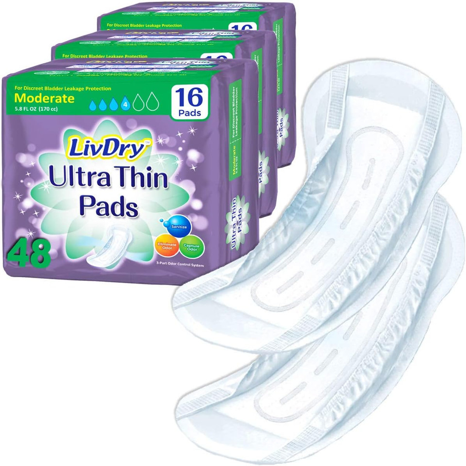 Livdry Incontinence Ultra Thin Pads For Women | Leak Protection And Odor Control | Extra Absorbent (Moderate 48-Count)