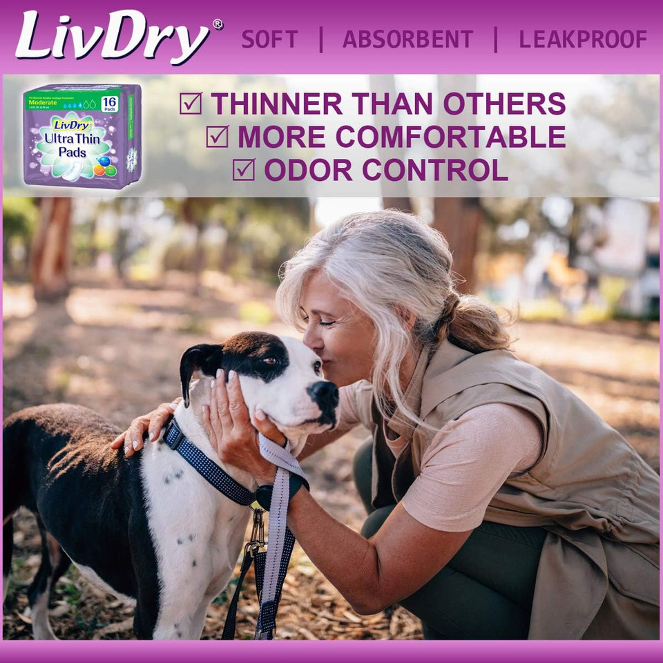 Livdry Incontinence Ultra Thin Pads For Women | Leak Protection And Odor Control | Extra Absorbent (Moderate 48-Count)