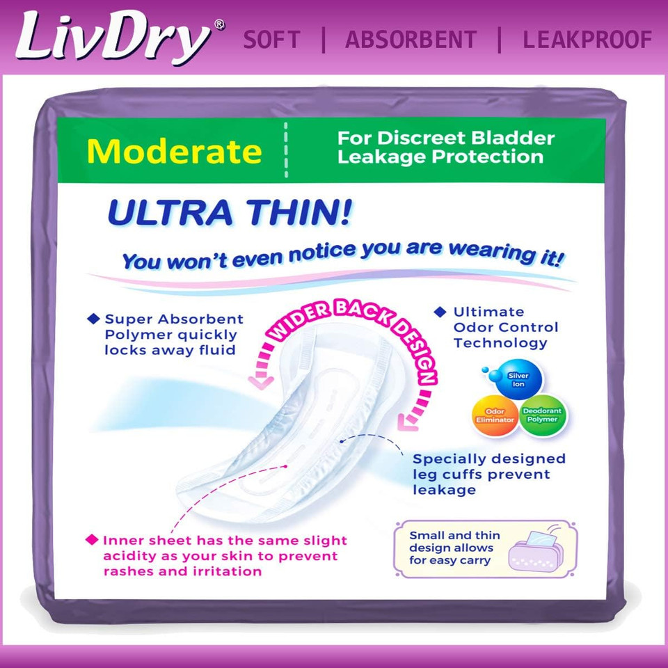 Livdry Incontinence Ultra Thin Pads For Women | Leak Protection And Odor Control | Extra Absorbent (Moderate 48-Count)