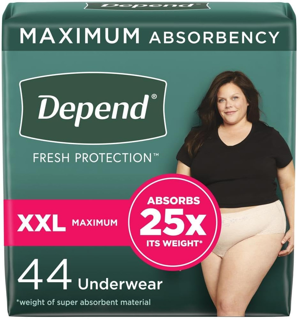 Depend Fresh Protection Adult Incontinence Underwear For Women (Formerly Depend Fit-Flex), Disposable, Maximum, Extra-Extra-Large, Blush, 44 Count (2 Packs Of 22), Packaging May Vary