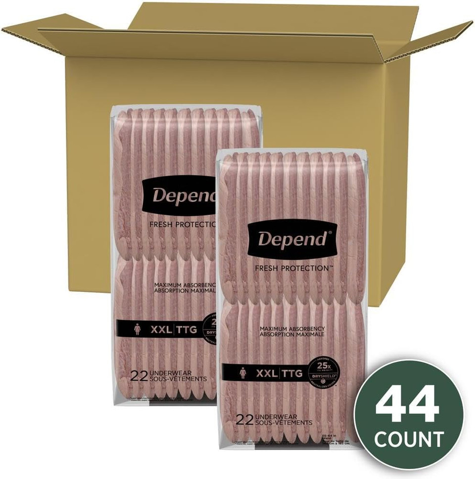 Depend Fresh Protection Adult Incontinence Underwear For Women (Formerly Depend Fit-Flex), Disposable, Maximum, Extra-Extra-Large, Blush, 44 Count (2 Packs Of 22), Packaging May Vary