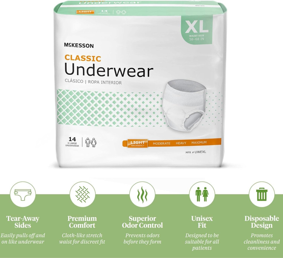 Mckesson Classic Underwear, Incontinence, Light Absorbency, Xl, 14 Count