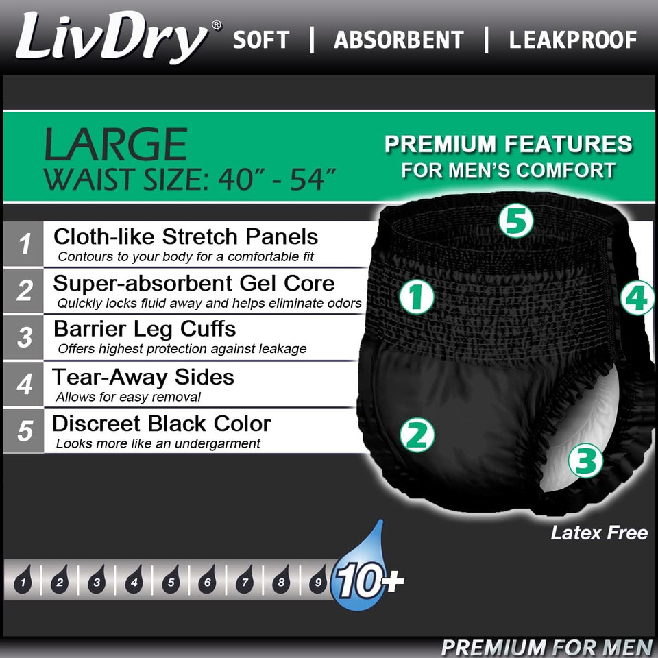Livdry Adult Incontinence Underwear For Men, Premium Black Series, Ultimate Leak Protection, Large 14-Pack