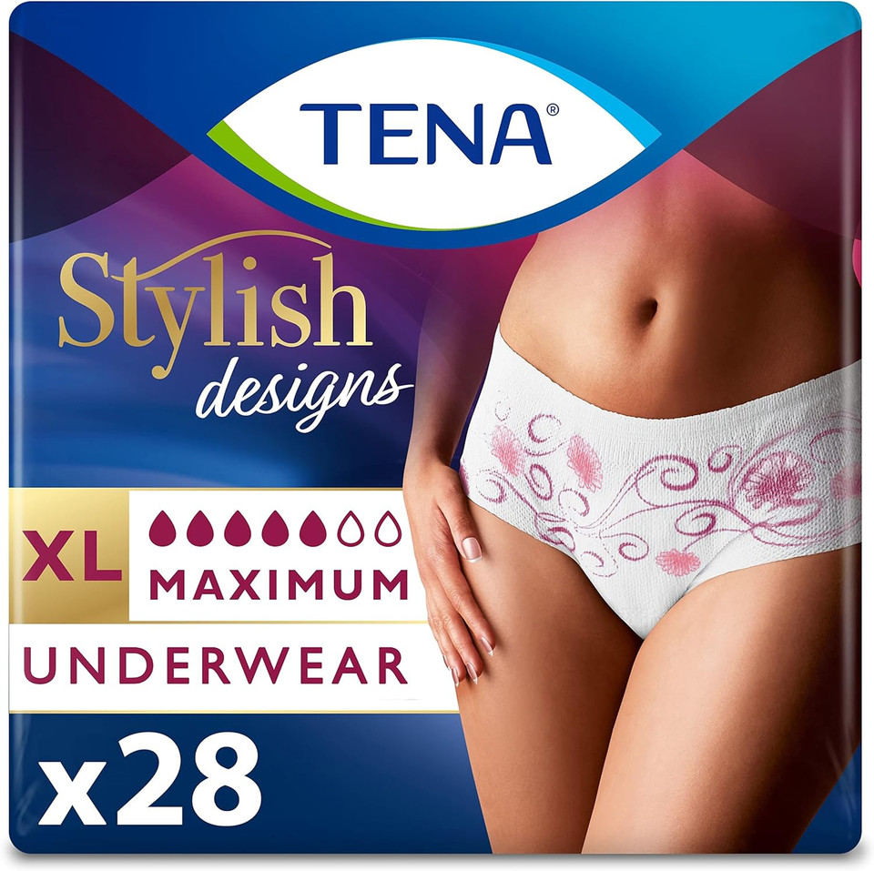 Tena Incontinence & Postpartum Underwear For Women, Maximum Absorbency, Stylish Designs, X-Large - 28 Count