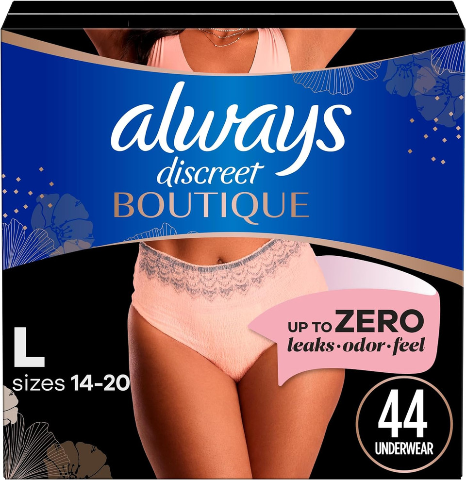 Always Discreet Boutique Adult Incontinence And Postpartum Underwear For Women, Maximum Protection, L, Rosy, 44 Count (Packaging May Vary)