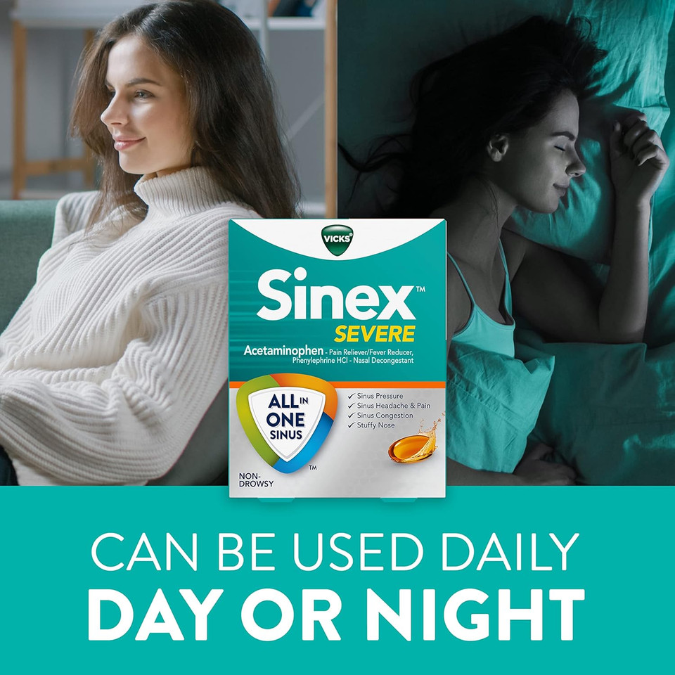 Vicks Sinex Severe Liquicaps, All-In-One Sinus Relief, Non-Drowsy, Nasal Decongestant, Maximum Strength Relief Of Sinus Headache, Pain, Pressure, & Congestion, 24 Liquicaps