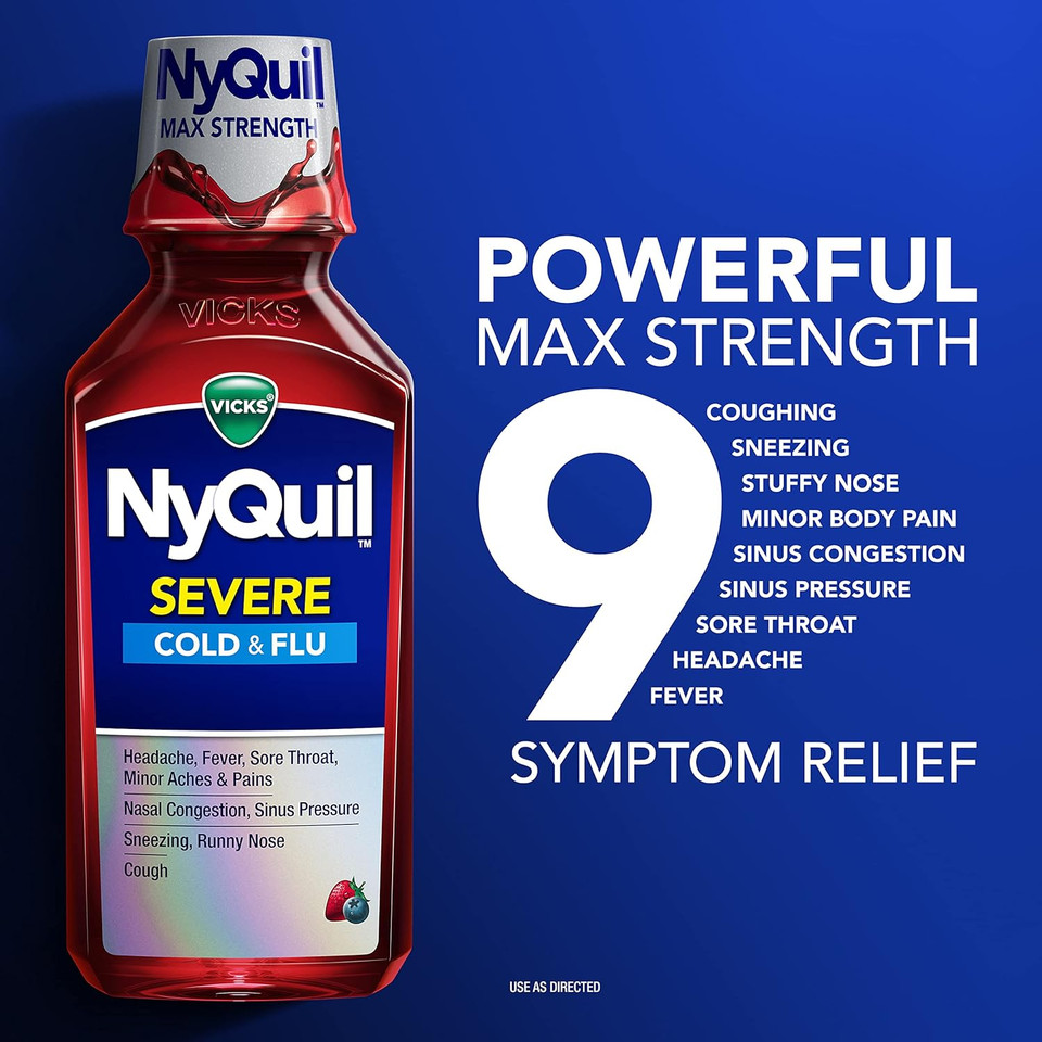 Vicks Nyquil Severe Cold, Flu, And Congestion Medicine, 2X12 Fl Oz Twin Pack, Berry Flavor, Maximum Strength, Nighttime Relief