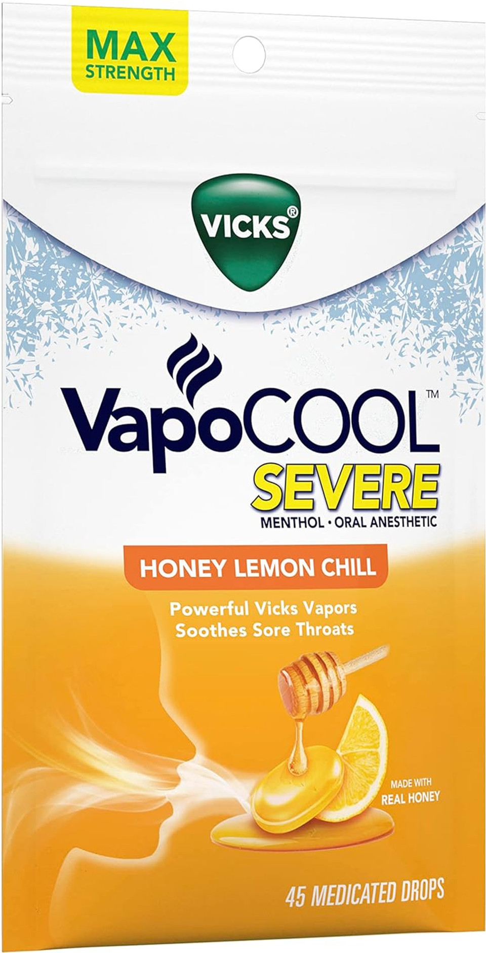Vicks Vapocool Severe Medicated Sore Throat Drops, Fast-Acting Max Strength Relief, Soothes Sore Throat Caused By Cough, Powerful Vicks Vapors, Menthol, Honey Lemon Chill Flavor, 225Ct (5 45Ct Packs)