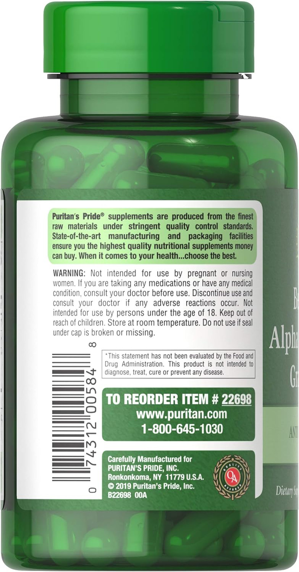 Puritan'S Pride Berberine, Alpha Lipoic Acid & Grape Seed, Promotes Antioxidant Support, 90 Vegetable Capsules