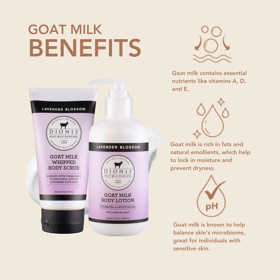 Dionis Goat Milk Skincare Lavender Scented Whipped Body Scrub & Lotion Gift Set - Gentle Chamomile Blended Exfoliating Sugar Scrub & Hydrating Body Cream Set, 6 Oz & 8.5 Oz