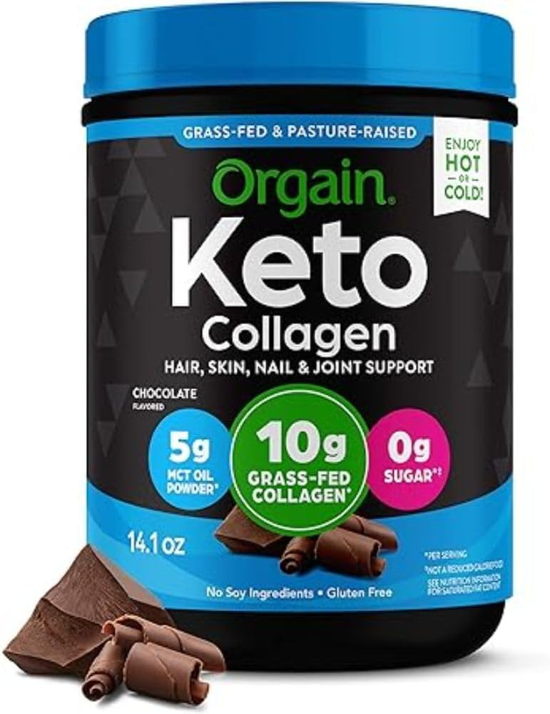Orgain Keto Collagen Protein Powder, Chocolate - 10G Grass Fed Hydrolyzed Collagen Peptides Type 1 & 3, 10G Protein, 5G Mct Oil - Hair, Skin, Nail, & Joint Support, Gluten Free, Paleo - 14.1 Oz(400 G)