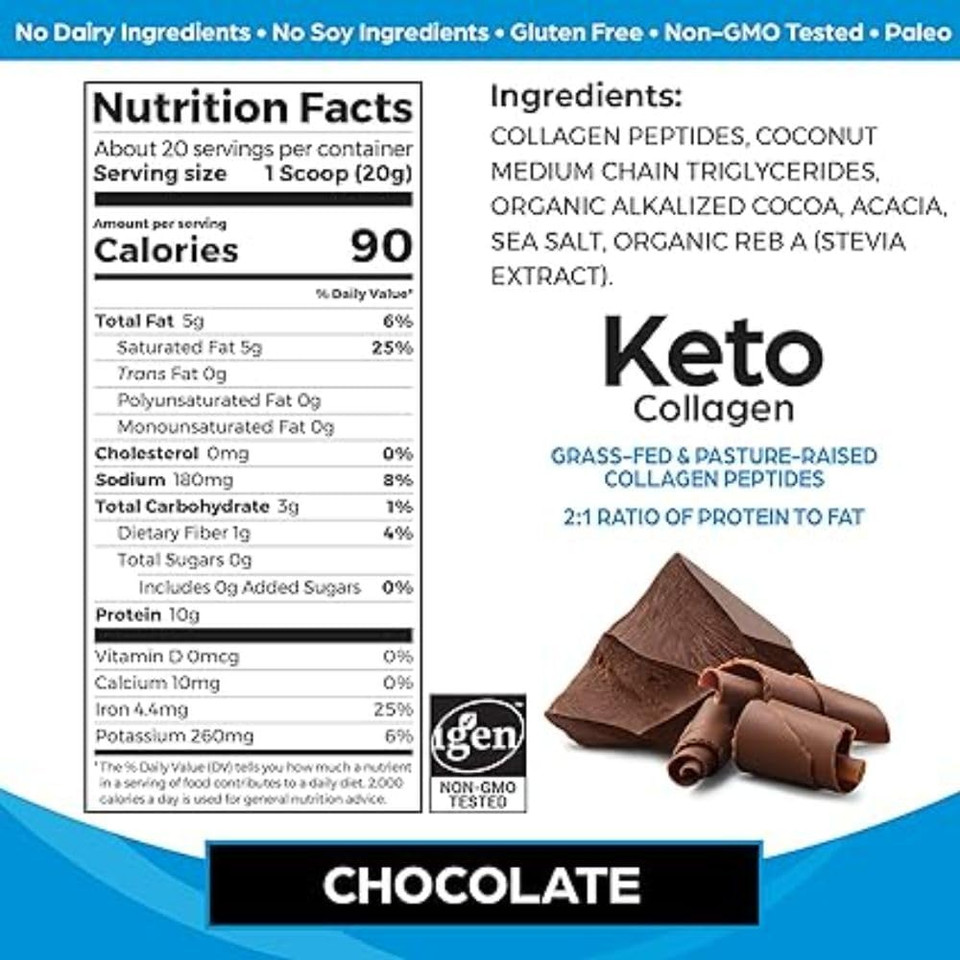 Orgain Keto Collagen Protein Powder, Chocolate - 10G Grass Fed Hydrolyzed Collagen Peptides Type 1 & 3, 10G Protein, 5G Mct Oil - Hair, Skin, Nail, & Joint Support, Gluten Free, Paleo - 14.1 Oz(400 G)