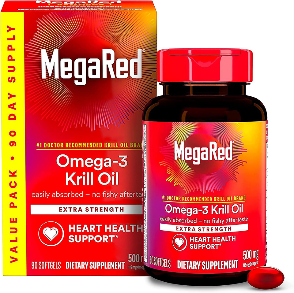 Megared Antarctic Krill Oil 500Mg Omega 3 Fatty Acid Supplement, Extra Strength Epa & Dha Softgels (90Cnt Box), Antioxidant Astaxanthin, Heart Health Supplement With No Fish Oil Aftertaste