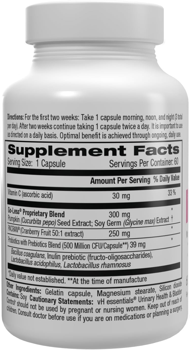 Vh Essentials Urinary Health & Bladder Control, Cranberry Extract, Prebiotics And Probiotics, 24-Hour Feminine Health Support, Reduces Occasional Leakage, Supports Vaginal Health, 60 Capsules
