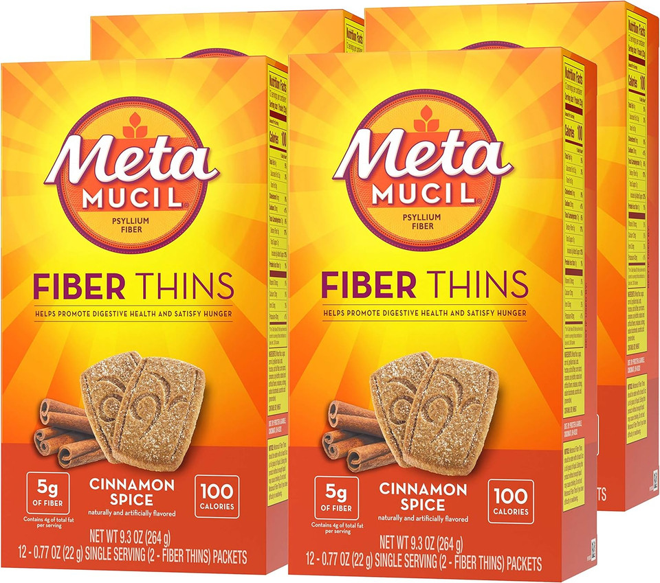 Metamucil Fiber Thins, Daily Psyllium Husk Fiber Supplement, Supports Digestive Health And Satisfies Hunger, Cinnamon Spice Flavor, 4 Packs X 12 Servings (48 Total Servings)
