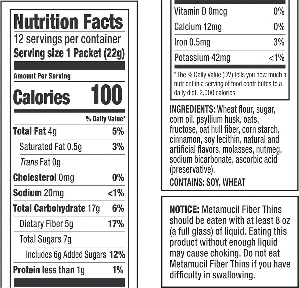 Metamucil Fiber Thins, Daily Psyllium Husk Fiber Supplement, Supports Digestive Health And Satisfies Hunger, Cinnamon Spice Flavor, 4 Packs X 12 Servings (48 Total Servings)