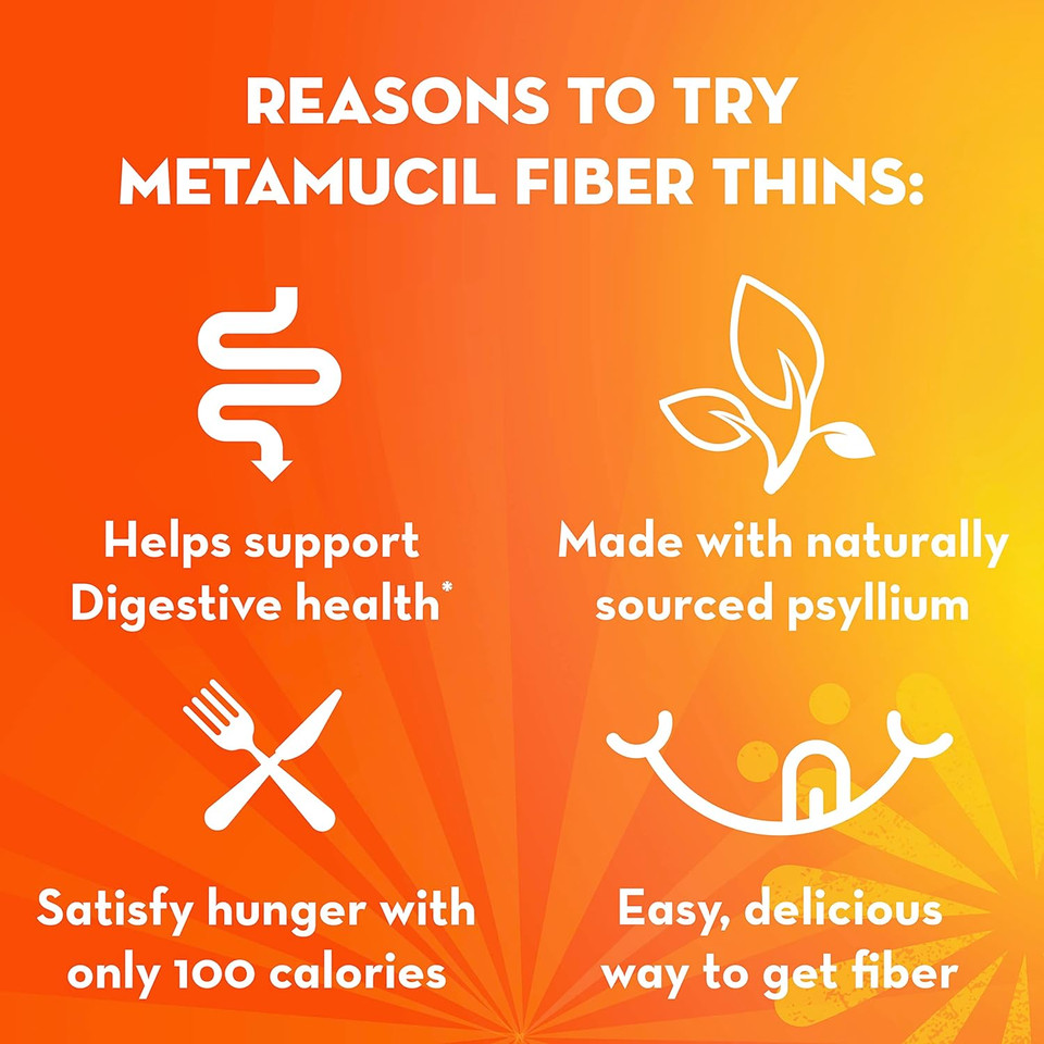 Metamucil Fiber Thins, Daily Psyllium Husk Fiber Supplement, Supports Digestive Health And Satisfies Hunger, Cinnamon Spice Flavor, 4 Packs X 12 Servings (48 Total Servings)