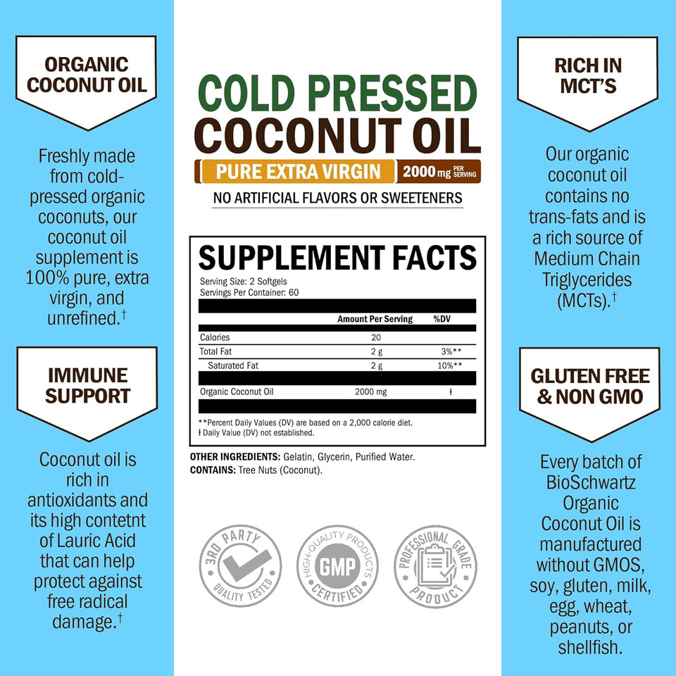 Coconut Oil Capsules 2000Mg - Organic Pure Extra Virgin Unrefined Cold Pressed Mct Rich & Non-Gmo For Healthy Skin Nails Hair Growth Support Bloating Anti Aging Digestion - 120Ct (2 Month Supply)
