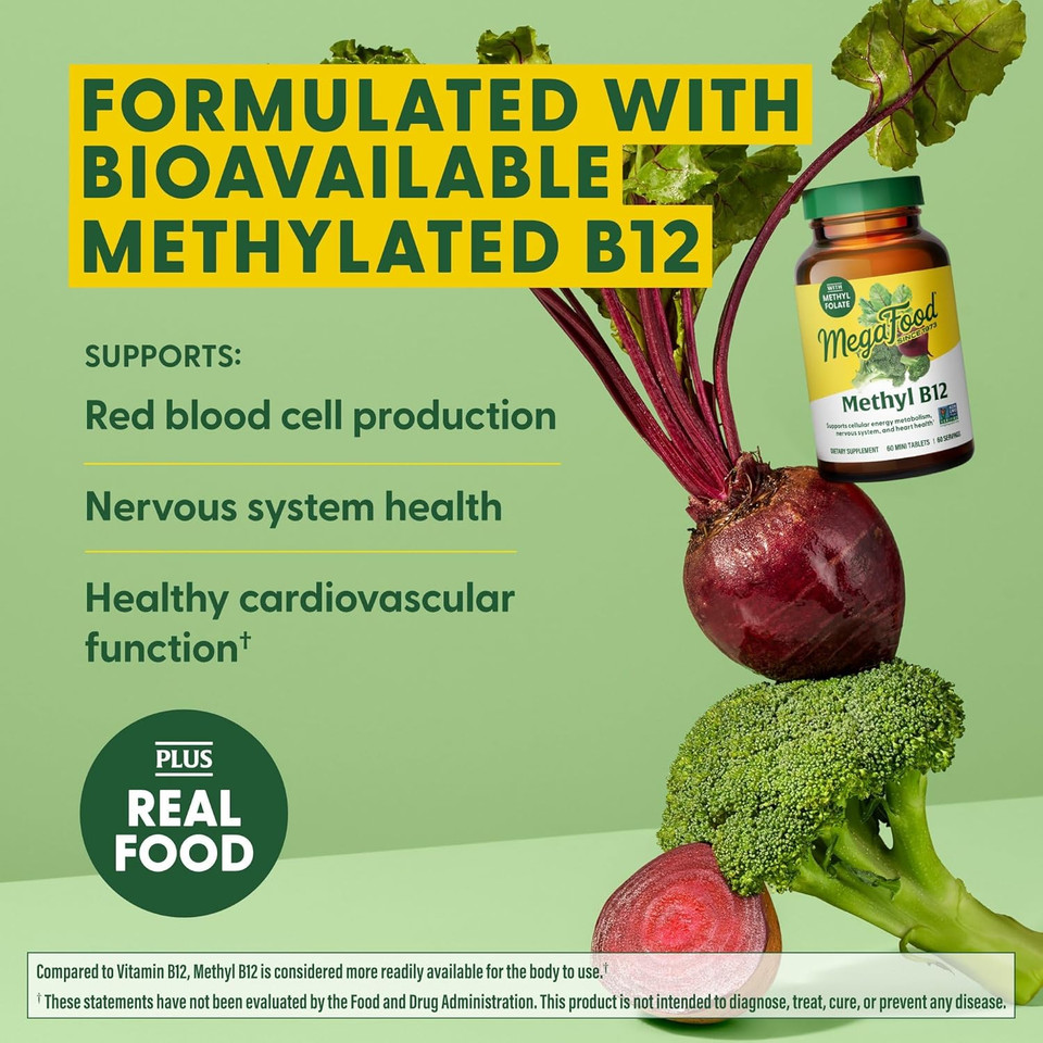 Megafood Methyl B12 - Vegan - Includes Methyl Folate, Vitamin B12 & B6 - Supports Cellular Energy Production, Nervous System Health & Cardiovascular Function - 60 Tablets Megafood Methyl B12 - Vegan - Includes Methyl Folate, Vitamin B12 & B6 - Supports Cellular Energy Production, Nervous System Health & Cardiovascular Function - 60 Tablets