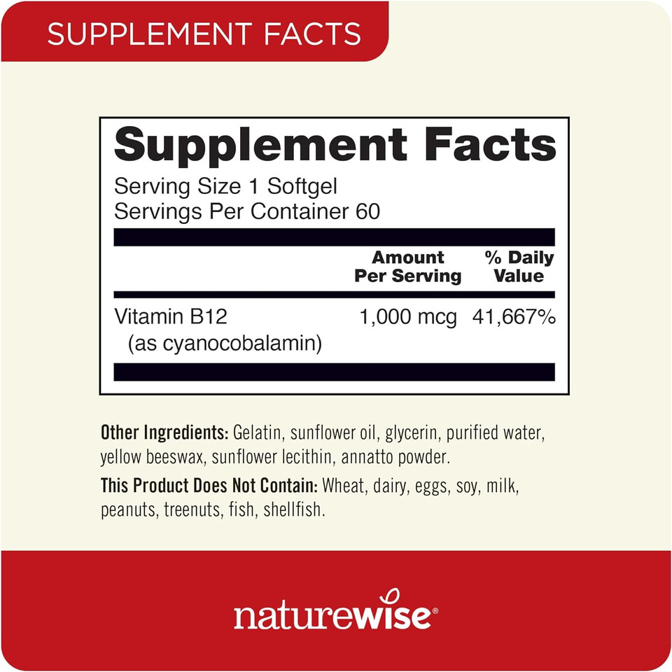 Naturewise Vitamin B12 1,000 Mcg For Mental Clarity & Cognitive Function + Energy Support For Maximum Vitality And Wellbeing | B12 (60 Softgels)