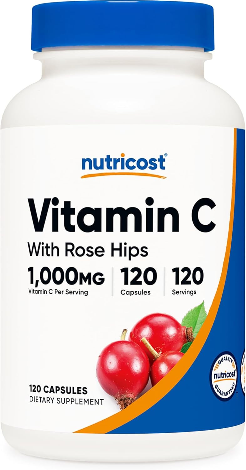 Nutricost Vitamin C With Rose Hips 1025Mg, 120 Capsules - Vitamin C 1000Mg, Rose Hips 25Mg, Premium, Non-Gmo, Gluten Free Supplement