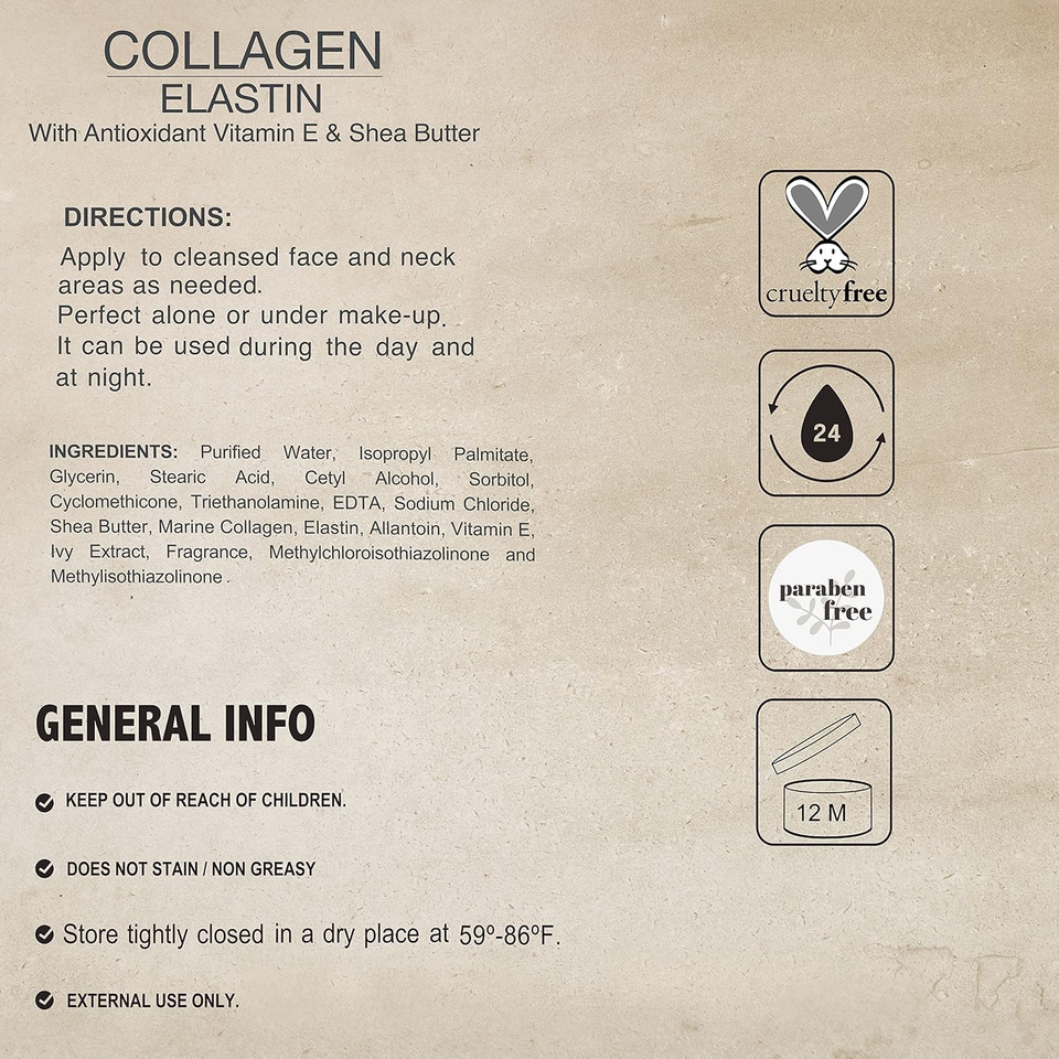 Collagen Elastin Cream With Antioxidant Vitamin E & Shea Butter Cosmetics - Hydration - Firmness - Elasticity - 4 Oz